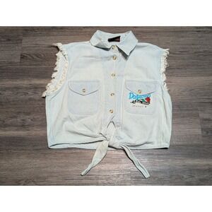 Biker Design Denim Vest Women's M Light Wash Frayed Fringe Tie Back Eagle Wings‎